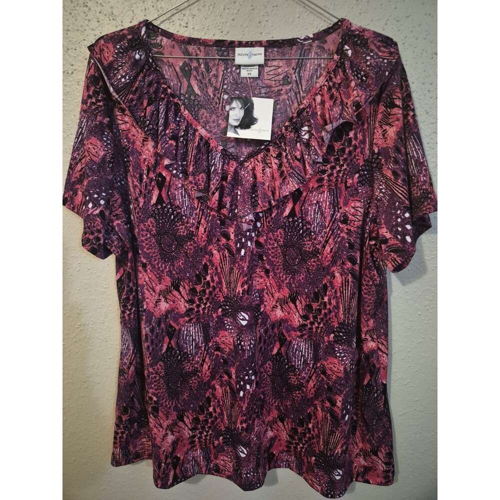 NWT Y2K JJaclyn saclyn Smith Stretchy Top 3X Dark Pink Multi Geo V Neck VTG